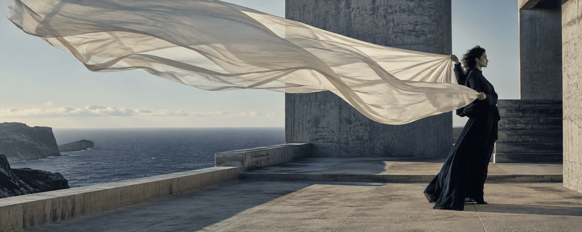 A woman holding flowing fabric beside modern coastal architecture